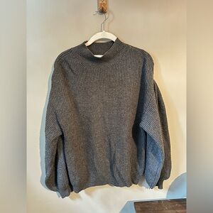 Gray Mock neck Knitted Sweater with Puff Sleeves